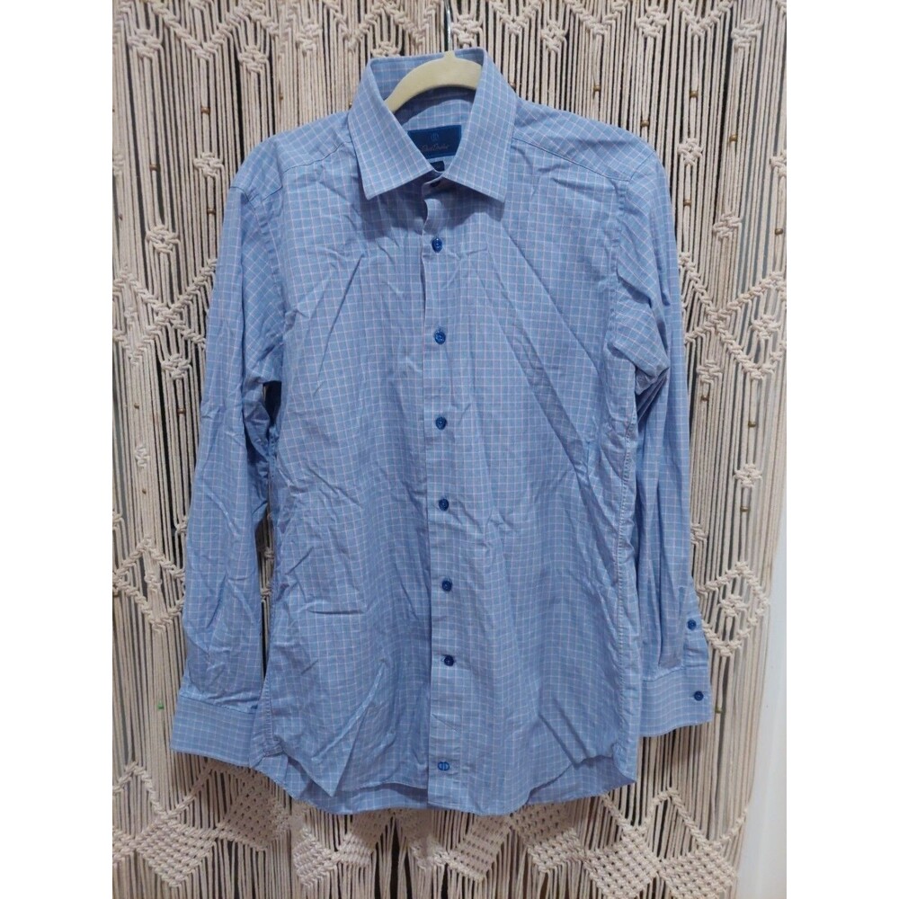 David Donahue Dress Shirt Mens 16.5 34/35 Trim Fit Blue Pink Mini Plaid EUC